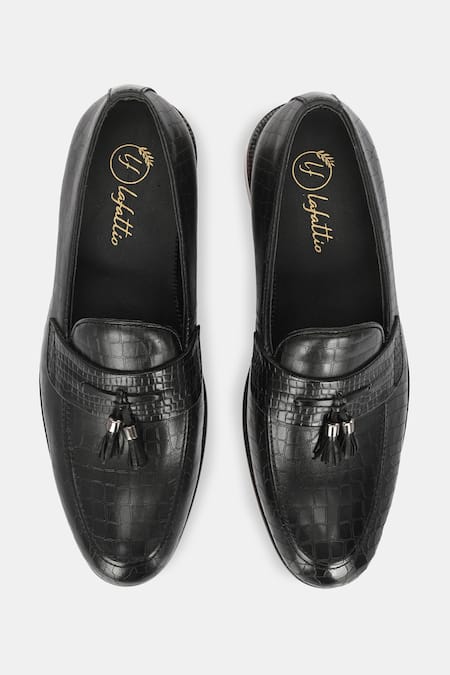 Shop_Lafattio_Black Tassels Textured Loafers _at_Aza_Fashions