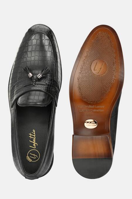 Lafattio_Black Tassels Textured Loafers _at_Aza_Fashions