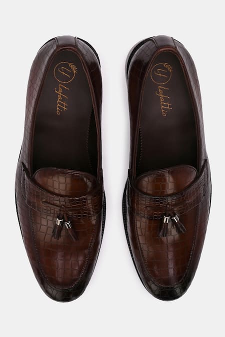 Shop_Lafattio_Brown Leather Textured Loafers  _at_Aza_Fashions