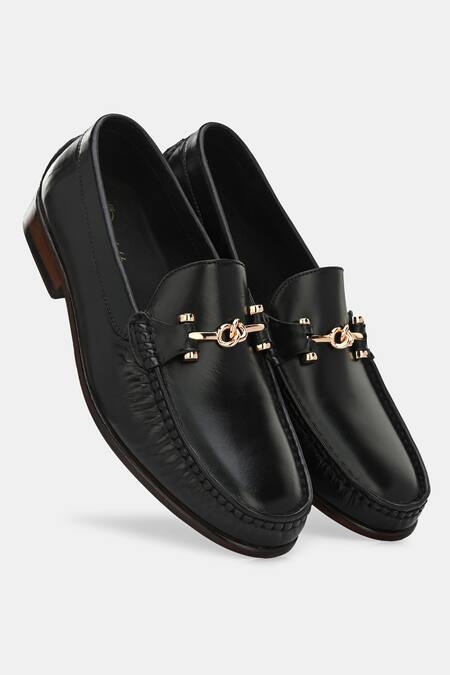 Shop_Lafattio_Black Embellished Matte Loafers _Online_at_Aza_Fashions