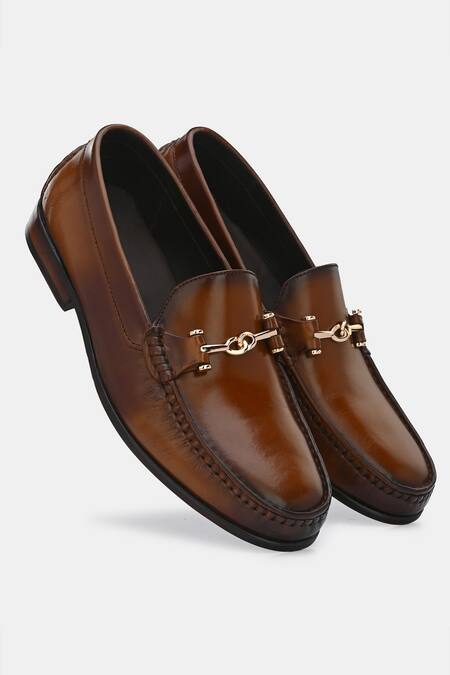 Lafattio_Brown Leather Embellished Loafers _at_Aza_Fashions