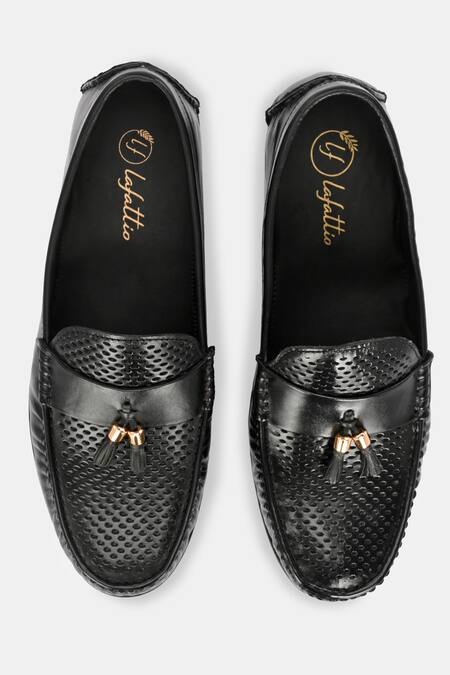 Shop_Lafattio_Black Perforated Leather Loafers  _at_Aza_Fashions