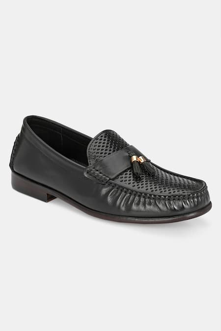 Lafattio_Black Perforated Leather Loafers  _Online_at_Aza_Fashions