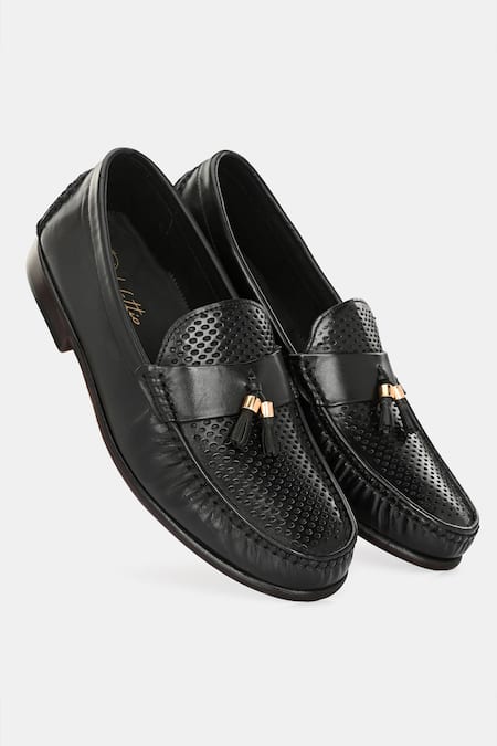Buy_Lafattio_Black Perforated Leather Loafers  _Online_at_Aza_Fashions