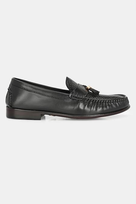 Shop_Lafattio_Black Perforated Leather Loafers  _Online_at_Aza_Fashions