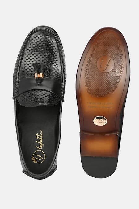 Lafattio_Black Perforated Leather Loafers  _at_Aza_Fashions
