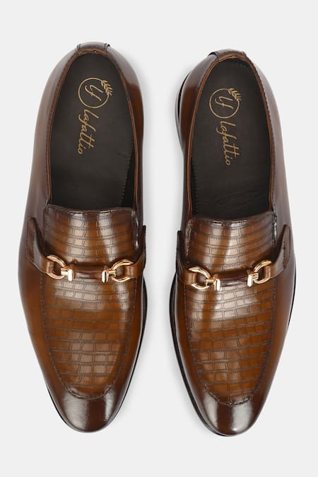 Shop_Lafattio_Brown Leather Buckle Embellished Moccasins _at_Aza_Fashions