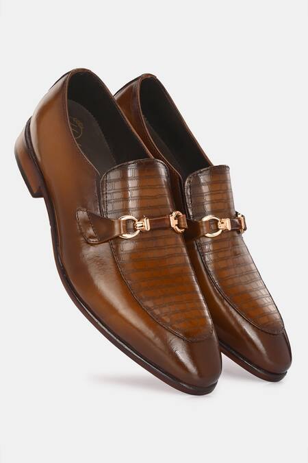 Buy_Lafattio_Brown Leather Buckle Embellished Moccasins _Online_at_Aza_Fashions