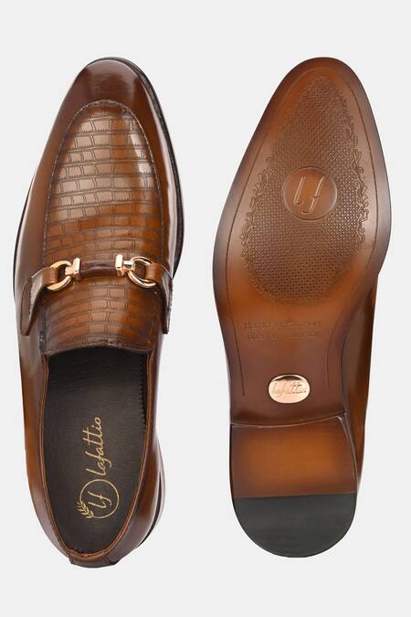 Lafattio_Brown Leather Buckle Embellished Moccasins _at_Aza_Fashions