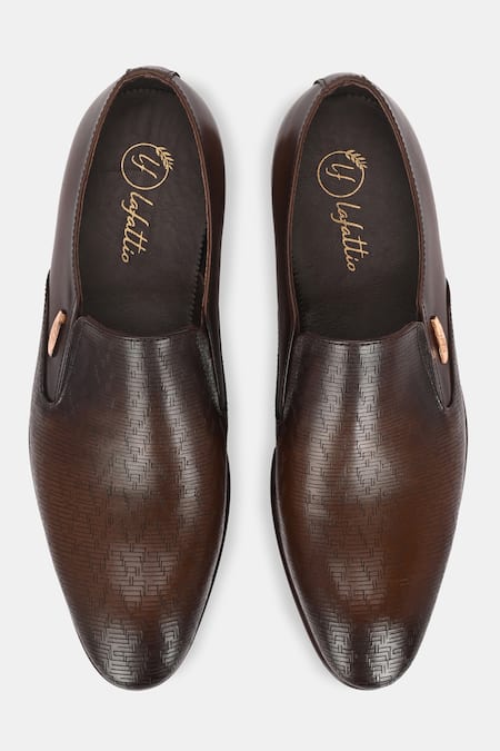 Shop_Lafattio_Brown Engraved Leather Moccasins  _at_Aza_Fashions