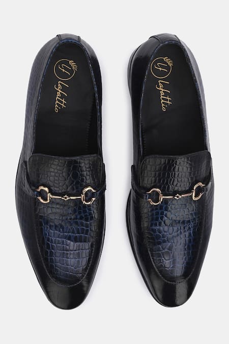 Shop_Lafattio_Blue Textured Buckled Moccasins _at_Aza_Fashions