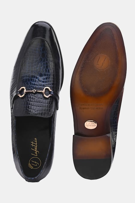 Shop_Lafattio_Blue Textured Buckled Moccasins _Online_at_Aza_Fashions