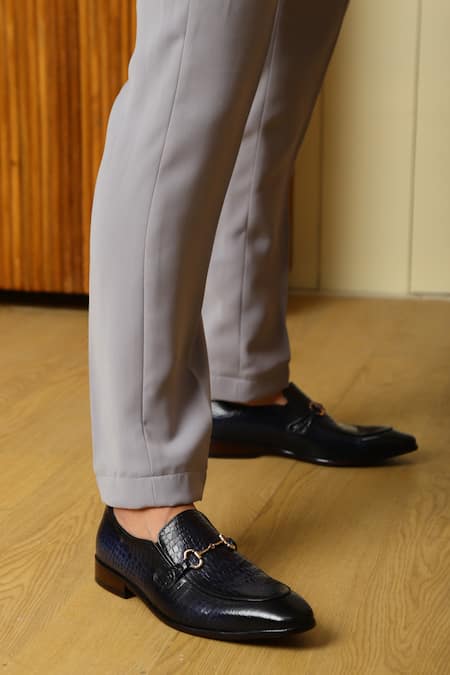 Lafattio_Blue Textured Buckled Moccasins _at_Aza_Fashions