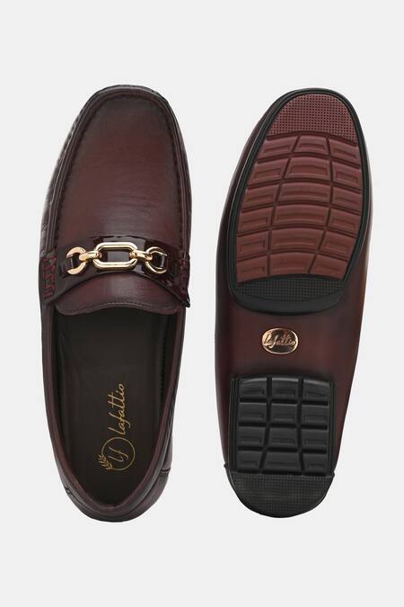 Shop_Lafattio_Red Cherry Buckled Leather Loafers _Online_at_Aza_Fashions