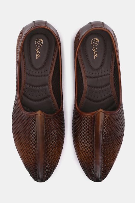 Shop_Lafattio_Brown Perforated Textured Juttis _at_Aza_Fashions