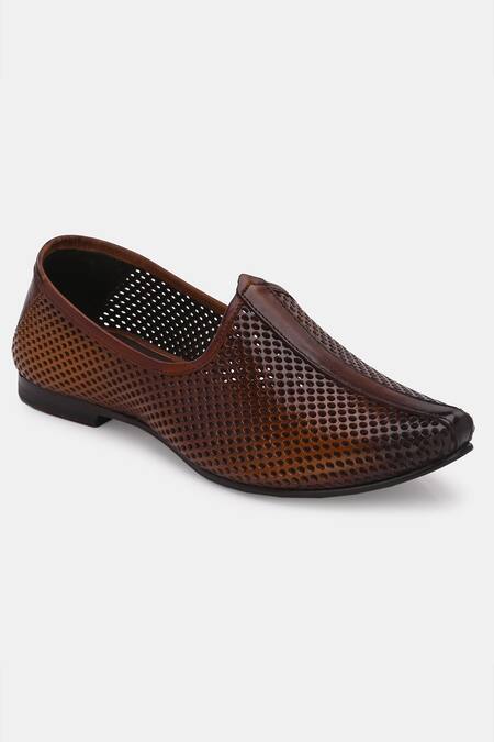 Buy_Lafattio_Brown Perforated Textured Juttis _Online_at_Aza_Fashions