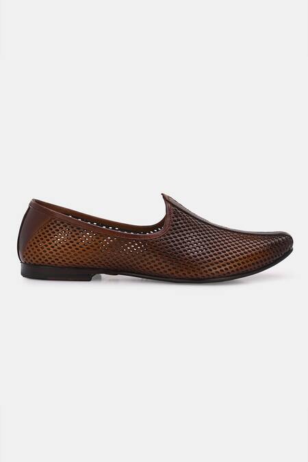 Shop_Lafattio_Brown Perforated Textured Juttis _Online_at_Aza_Fashions