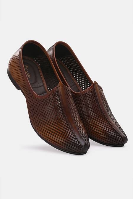 Lafattio_Brown Perforated Textured Juttis _at_Aza_Fashions