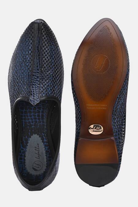 Lafattio_Blue Perforated Leather Juttis_at_Aza_Fashions