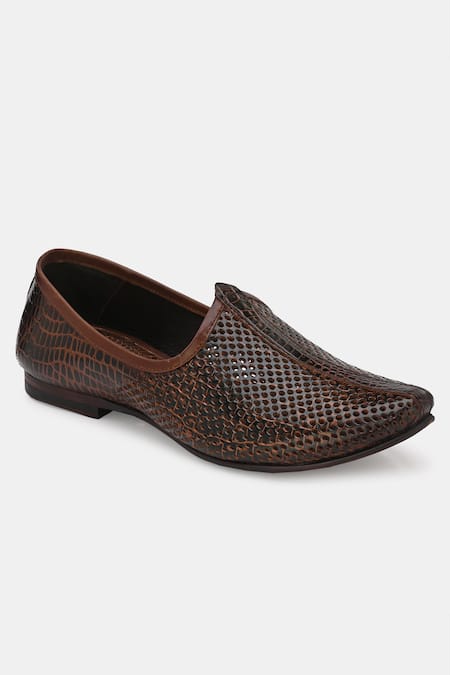Lafattio_Brown Perforated Texture Leather Juttis_Online_at_Aza_Fashions