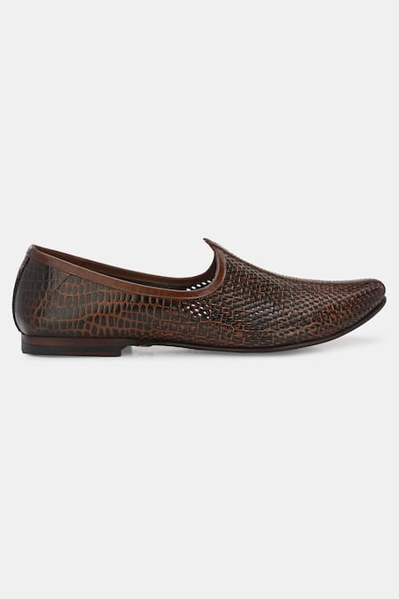 Buy_Lafattio_Brown Perforated Texture Leather Juttis_Online_at_Aza_Fashions