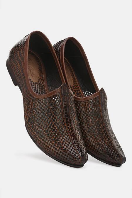 Shop_Lafattio_Brown Perforated Texture Leather Juttis_Online_at_Aza_Fashions
