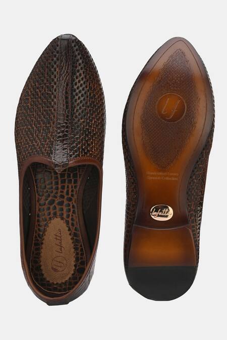 Lafattio_Brown Perforated Texture Leather Juttis_at_Aza_Fashions