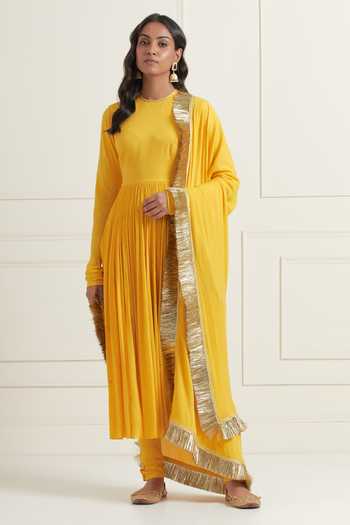 Shop_Ikshita Choudhary_Yellow Wrinkle Cotton Hand Embroidered Sequin And Zari Churidar Sleeve Anarkali_Online_at_Aza_Fashions