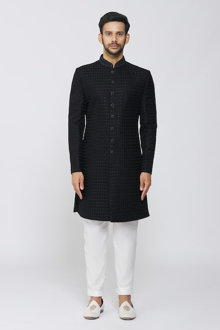 Arihant Rai Sinha_Black Velvet, Polyester Embroidery Sherwani Set_Online_at_Aza_Fashions