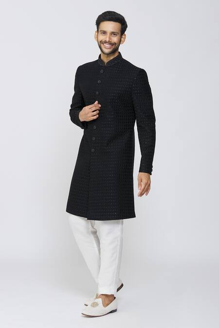 Buy_Arihant Rai Sinha_Black Velvet, Polyester Embroidery Sherwani Set_Online_at_Aza_Fashions