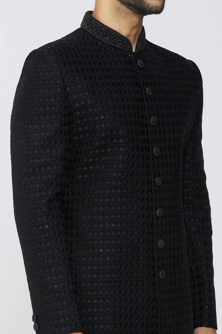 Shop_Arihant Rai Sinha_Black Velvet, Polyester Embroidery Sherwani Set_Online_at_Aza_Fashions