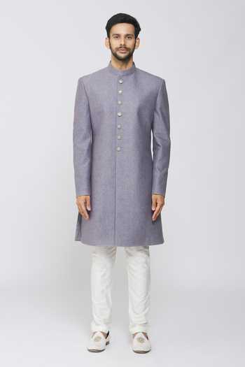 Samyukta Singhania Grey Jute, Pant Polyester Staple Fiber Jacket And Full Sleeve Sherwani Set Online at Aza Fashions Samyukta Singhania_Grey Jute, Pant Polyester Staple Fiber Jacket And Full Sleeve Sherwani Set_Online_at_Aza_Fashions