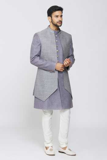 Buy Samyukta Singhania Grey Jute, Pant Polyester Staple Fiber Jacket And Full Sleeve Sherwani Set Online at Aza Fashions Buy_Samyukta Singhania_Grey Jute, Pant Polyester Staple Fiber Jacket And Full Sleeve Sherwani Set_Online_at_Aza_Fashions
