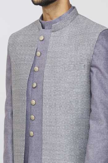Shop Samyukta Singhania Grey Jute, Pant Polyester Staple Fiber Jacket And Full Sleeve Sherwani Set Online at Aza Fashions Shop_Samyukta Singhania_Grey Jute, Pant Polyester Staple Fiber Jacket And Full Sleeve Sherwani Set_Online_at_Aza_Fashions
