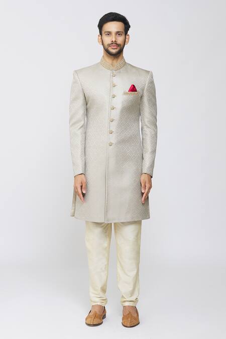 Samyukta Singhania Beige Jacquard Silk, Pant Polyester Staple Fiber Geometric Pattern Sherwani Set Online at Aza Fashions Samyukta Singhania_Beige Jacquard Silk, Pant Polyester Staple Fiber Geometric Pattern Sherwani Set_Online_at_Aza_Fashions