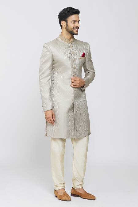 Buy Samyukta Singhania Beige Jacquard Silk, Pant Polyester Staple Fiber Geometric Pattern Sherwani Set Online at Aza Fashions Buy_Samyukta Singhania_Beige Jacquard Silk, Pant Polyester Staple Fiber Geometric Pattern Sherwani Set_Online_at_Aza_Fashions