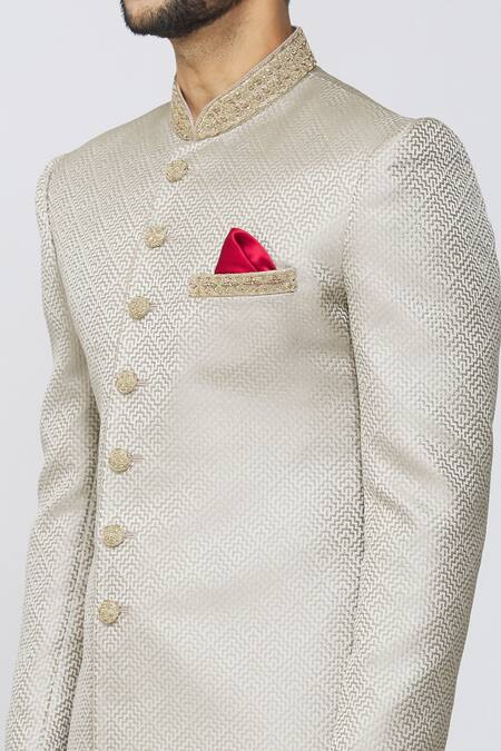 Shop Samyukta Singhania Beige Jacquard Silk, Pant Polyester Staple Fiber Geometric Pattern Sherwani Set Online at Aza Fashions Shop_Samyukta Singhania_Beige Jacquard Silk, Pant Polyester Staple Fiber Geometric Pattern Sherwani Set_Online_at_Aza_Fashions