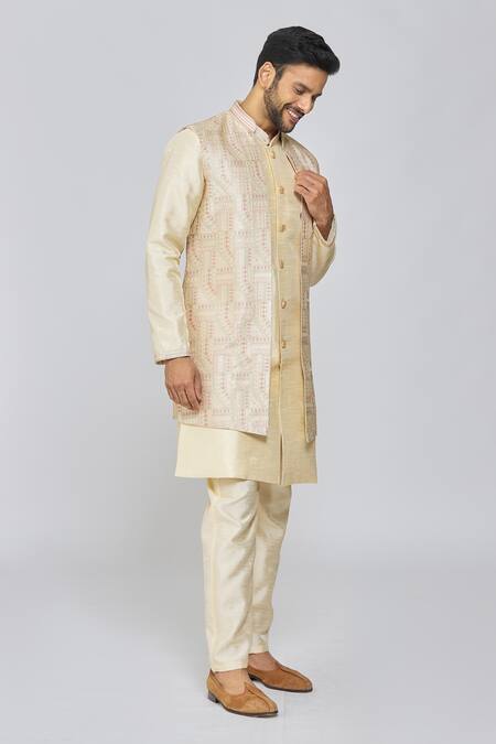 Buy Nayantara Couture Gold Viscose, Silk Embroidery Geometric Floral Bundi Set Online at Aza Fashions Buy_Nayantara Couture_Gold Viscose, Silk Embroidery Geometric Floral Bundi Set_Online_at_Aza_Fashions