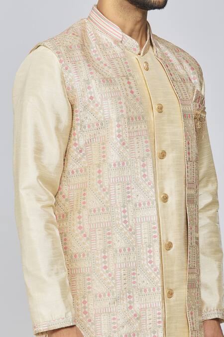 Shop Nayantara Couture Gold Viscose, Silk Embroidery Geometric Floral Bundi Set Online at Aza Fashions Shop_Nayantara Couture_Gold Viscose, Silk Embroidery Geometric Floral Bundi Set_Online_at_Aza_Fashions