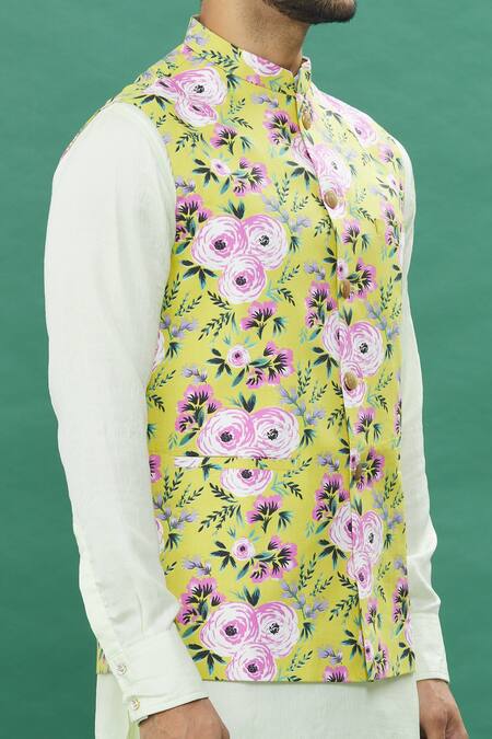 Shop Spring Break Yellow Polyester, Cotton Embroidery Rose Print Bundi Kurta Set For Kids Online at Aza Fashions Shop_Spring Break_Yellow Polyester, Cotton Embroidery Rose Print Bundi Kurta Set For Kids_Online_at_Aza_Fashions