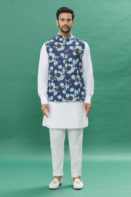 Buy Spring Break Blue Denim, Cotton Embroidery Floral Printed Bundi Set Online at Aza Fashions Buy_Spring Break_Blue Denim, Cotton Embroidery Floral Printed Bundi Set _Online_at_Aza_Fashions