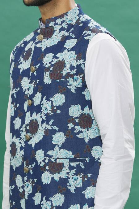 Shop Spring Break Blue Denim, Cotton Embroidery Floral Printed Bundi Set Online at Aza Fashions Shop_Spring Break_Blue Denim, Cotton Embroidery Floral Printed Bundi Set _Online_at_Aza_Fashions