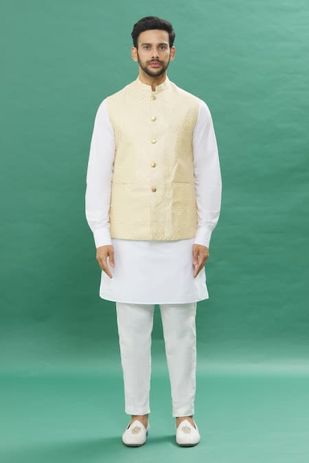 Buy_Spring Break_Yellow Polyester, Cotton Buckles Criss-cross Bundi Kurta Set_Online_at_Aza_Fashions