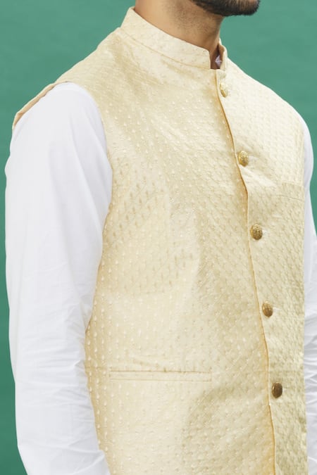 Shop_Spring Break_Yellow Polyester, Cotton Buckles Criss-cross Bundi Kurta Set_Online_at_Aza_Fashions