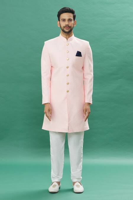 Spring Break_Pink Polyester, Cotton Brooches Jacquard Butti Sherwani With Churidar Set _Online_at_Aza_Fashions