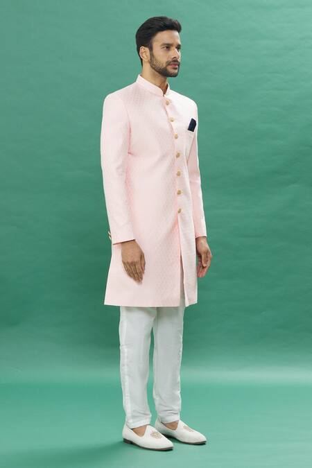 Buy_Spring Break_Pink Polyester, Cotton Brooches Jacquard Butti Sherwani With Churidar Set _Online_at_Aza_Fashions