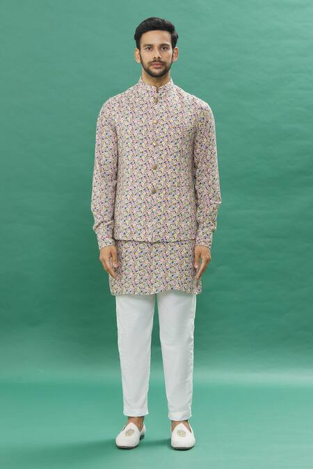 Buy Spring Break Multi Color Cotton Embroidery Micro Floral Bundi Kurta Set Online at Aza Fashions Buy_Spring Break_Multi Color Cotton Embroidery Micro Floral Bundi Kurta Set _Online_at_Aza_Fashions