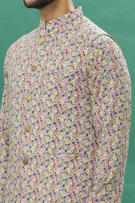 Shop Spring Break Multi Color Cotton Embroidery Micro Floral Bundi Kurta Set Online at Aza Fashions Shop_Spring Break_Multi Color Cotton Embroidery Micro Floral Bundi Kurta Set _Online_at_Aza_Fashions
