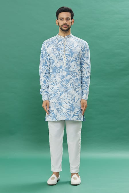 Buy_Spring Break_Blue Denim, Cotton Mirrors Tropical Print Kurta With Churidar_Online_at_Aza_Fashions