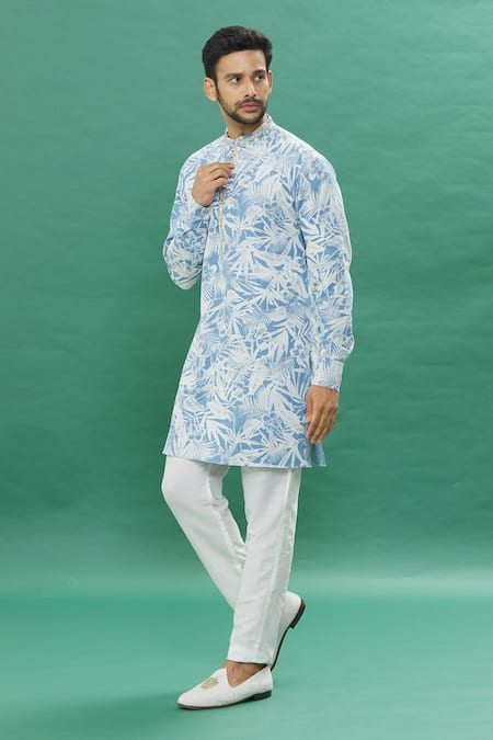 Shop_Spring Break_Blue Denim, Cotton Mirrors Tropical Print Kurta With Churidar_Online_at_Aza_Fashions